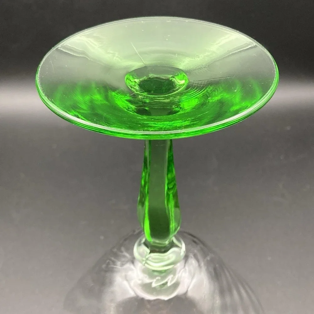 1 - Fostoria Green Stem Optic Swirl Cocktail Glass / Uranium 1940s / UV Glow